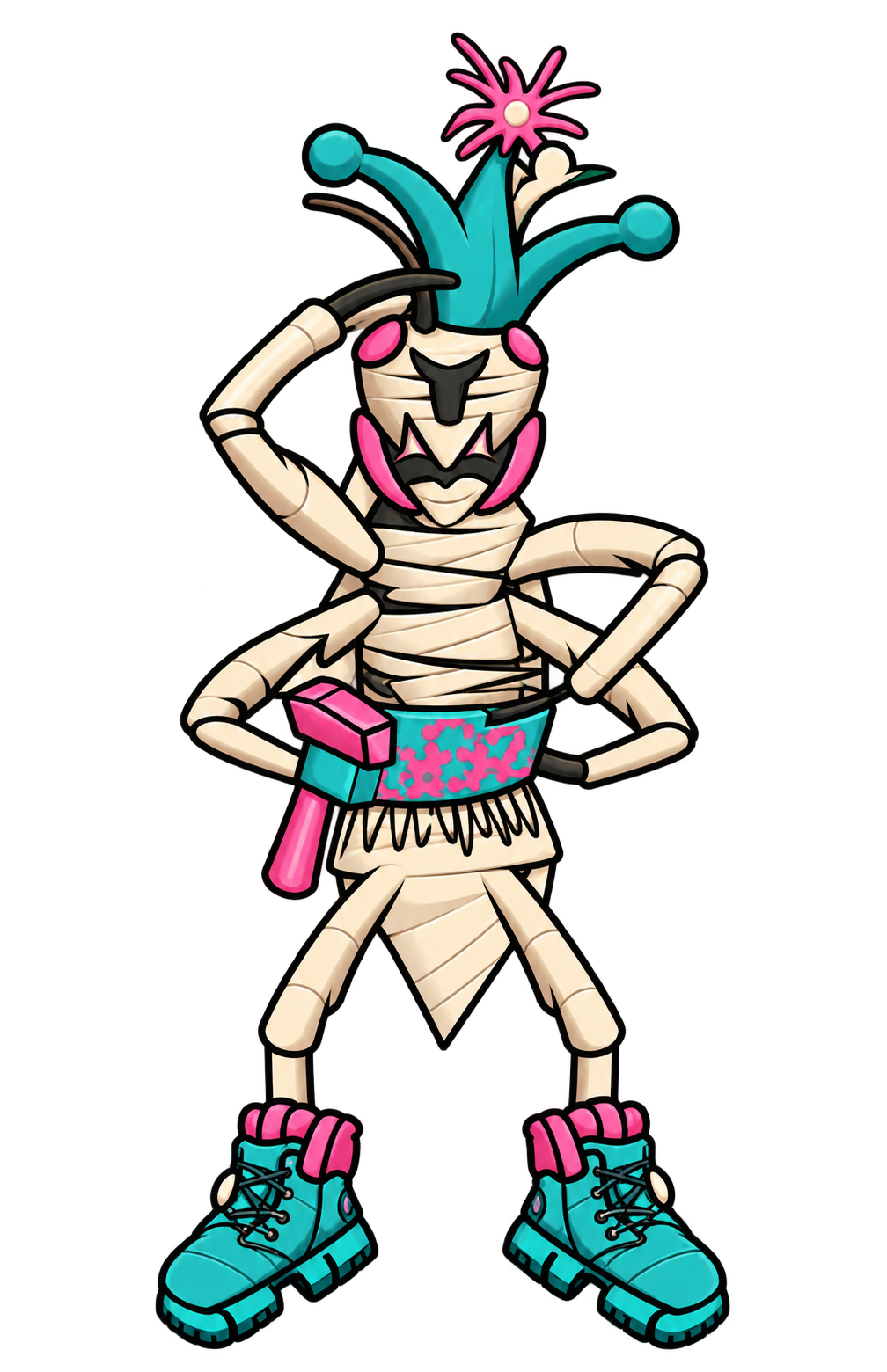 ABE Nation's original movement character, with a growing crown, several helping arms, a tool belt, and teal work boots.
